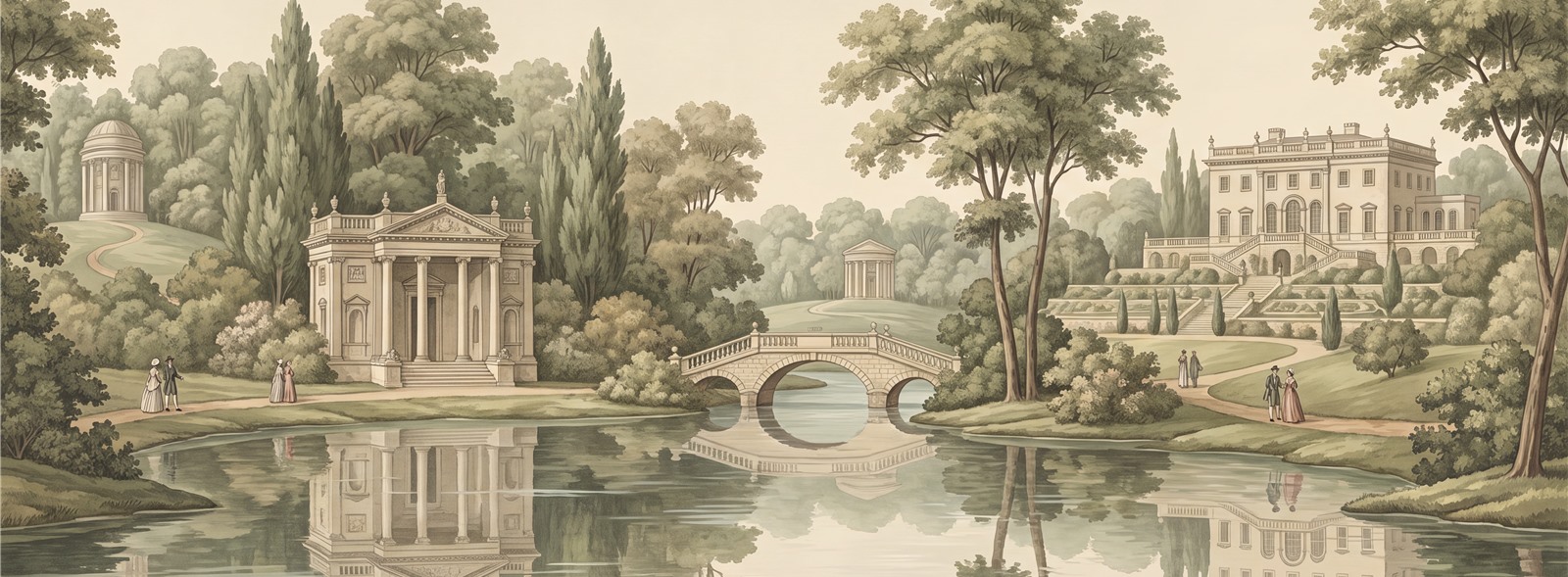 Formal Garden Lake And Classical Pavilion Wallpaper Mural — Wallpaper Mural Design, Peel-and-stick Finish