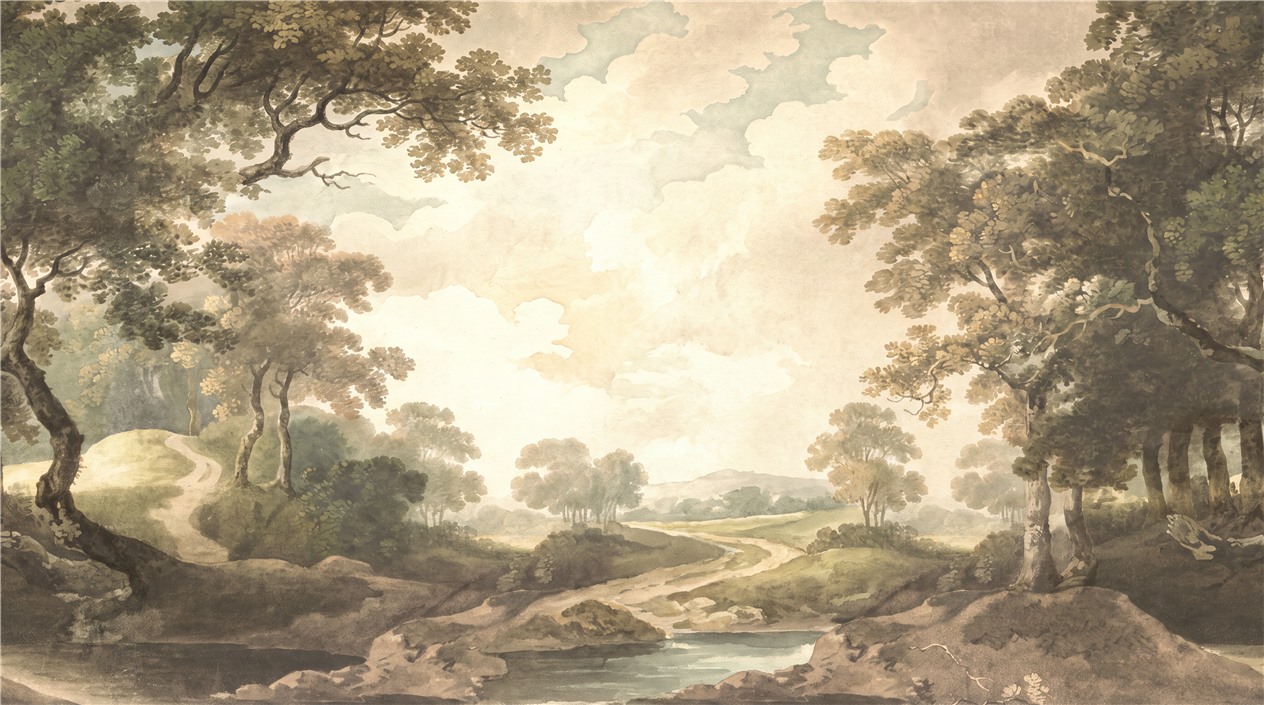 Old Trees And Open Valley Watercolour Landscape Wallpaper Mural — Wallpaper Mural Design, Peel-and-stick Finish