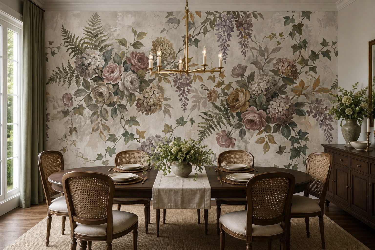 Sage Green Floral Forms Wallpaper Mural Dining-room-wallpaper-murals, Shown In A Dining Room, Peel-and-stick Finish
