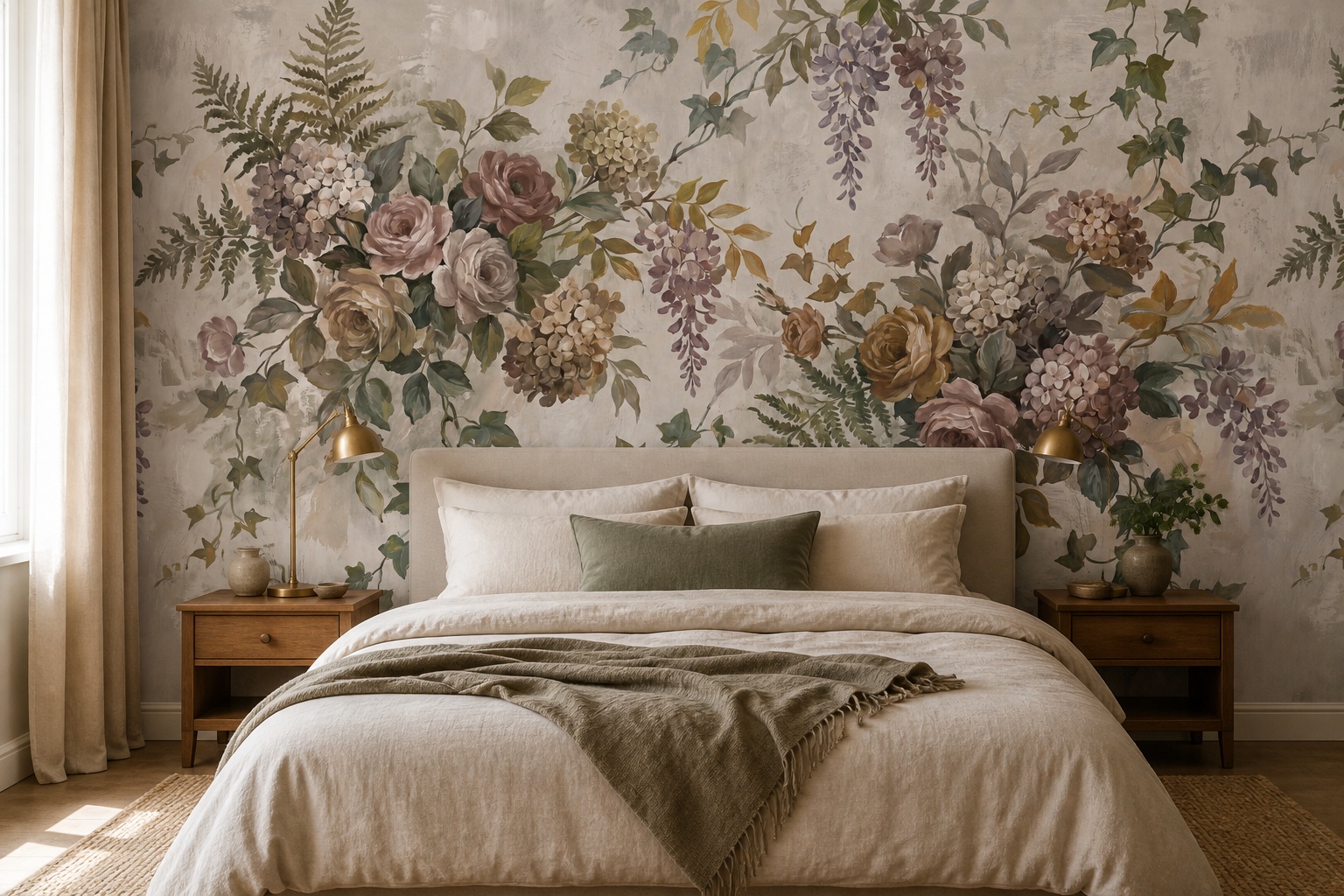 Sage Green Floral Forms Wallpaper Mural Bedroom-wallpaper-murals, Peel-and-stick Finish