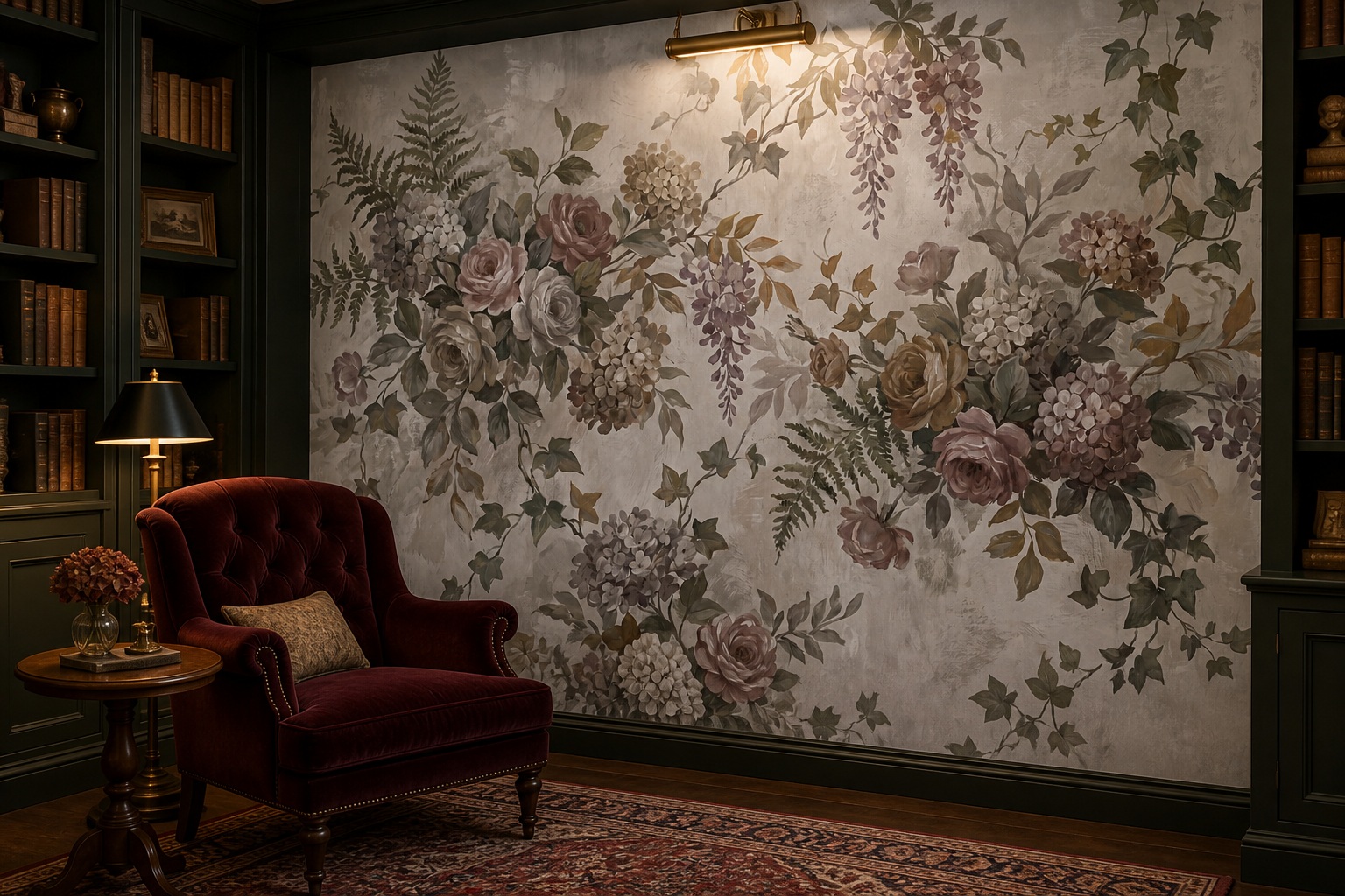 Sage Green Floral Forms Wallpaper Mural Library-wallpaper-murals, Peel-and-stick Finish