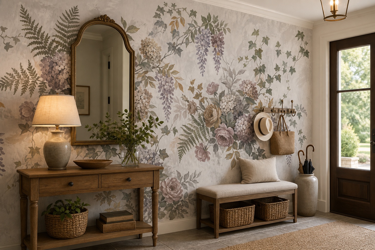 Sage Green Floral Forms Wallpaper Mural Entryway-wallpaper-murals, Peel-and-stick Finish
