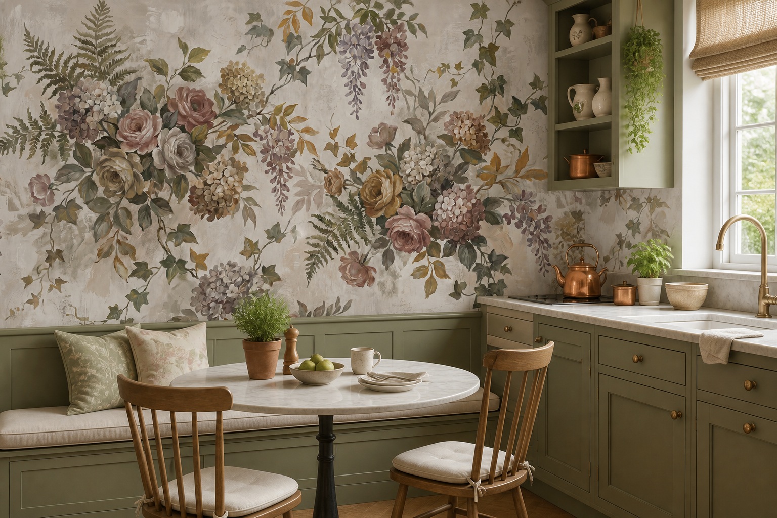 Sage Green Floral Forms Wallpaper Mural Kitchen-wallpaper-murals, Peel-and-stick Finish