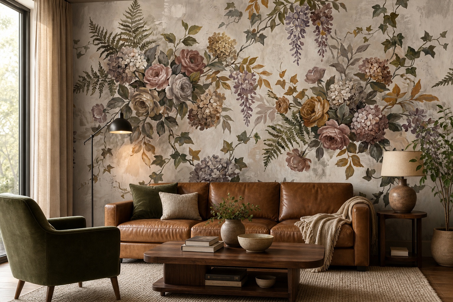 Sage Green Floral Forms Wallpaper Mural Living-room-wallpaper-murals, Shown In A Living Room, Peel-and-stick Finish