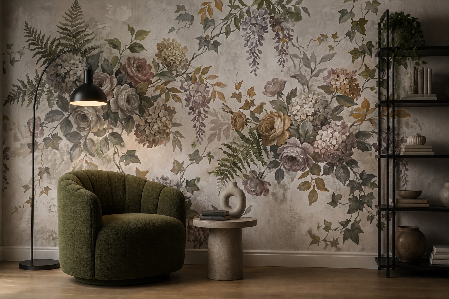 Sage Green Floral Forms Wallpaper Mural Accent-wall-wallpaper-murals, Peel-and-stick Finish