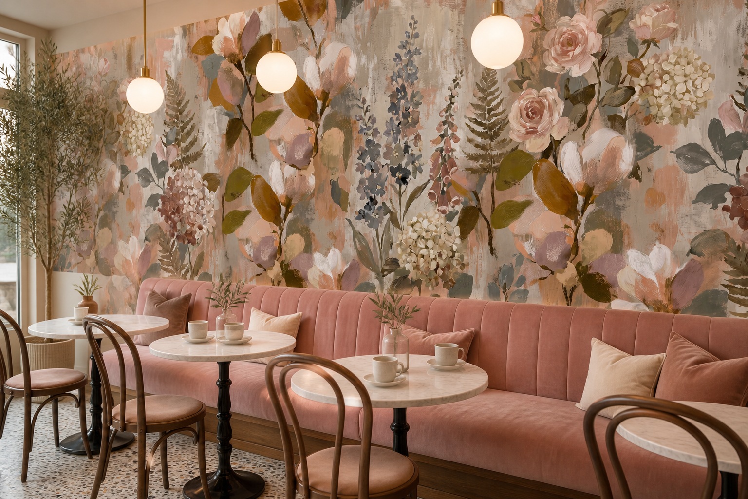 Blush Leaf Patterning Wallpaper Mural Cafe-wallpaper-murals, Peel-and-stick Finish