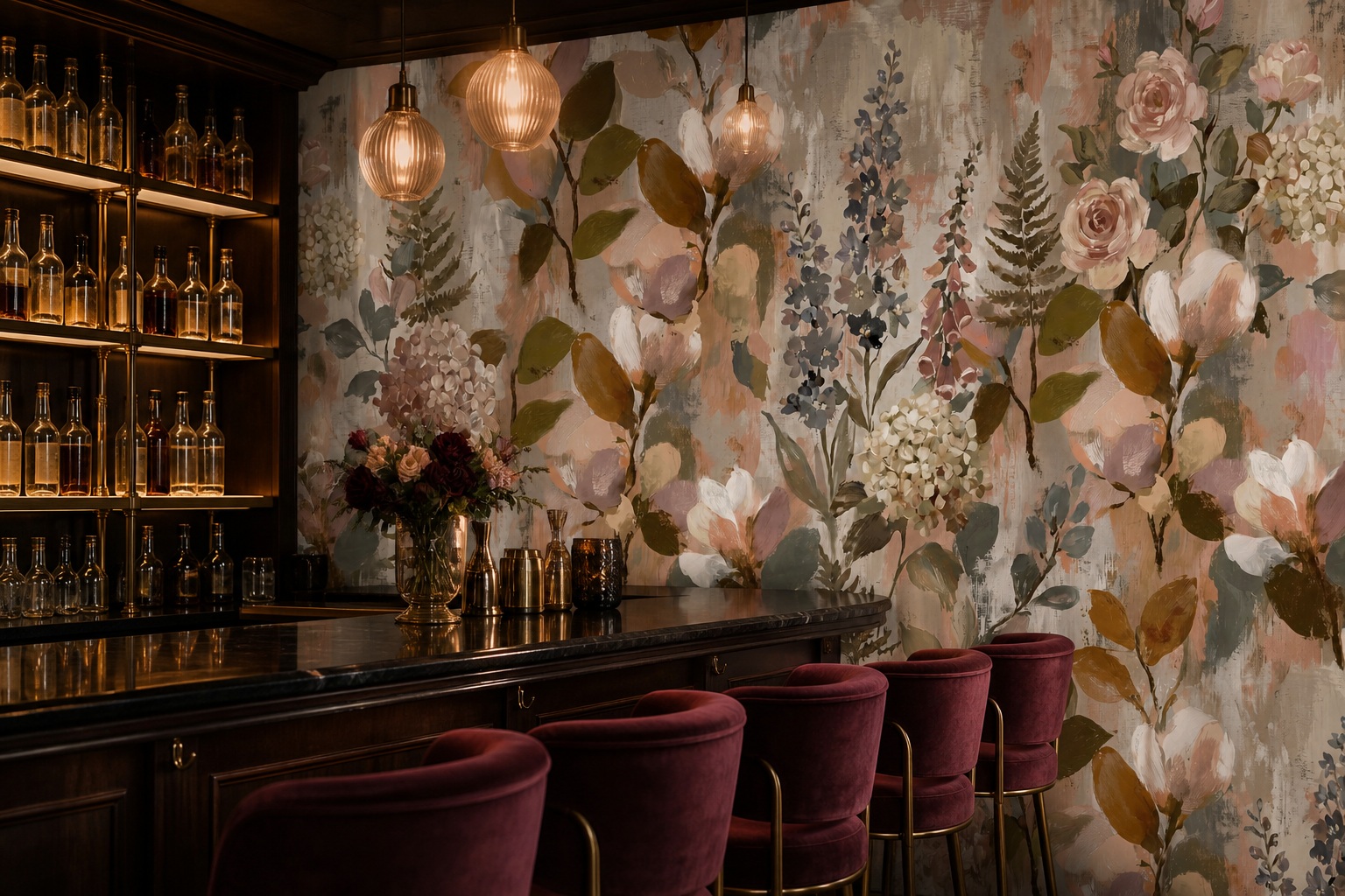Blush Leaf Patterning Wallpaper Mural Accent-wall-wallpaper-murals, Peel-and-stick Finish
