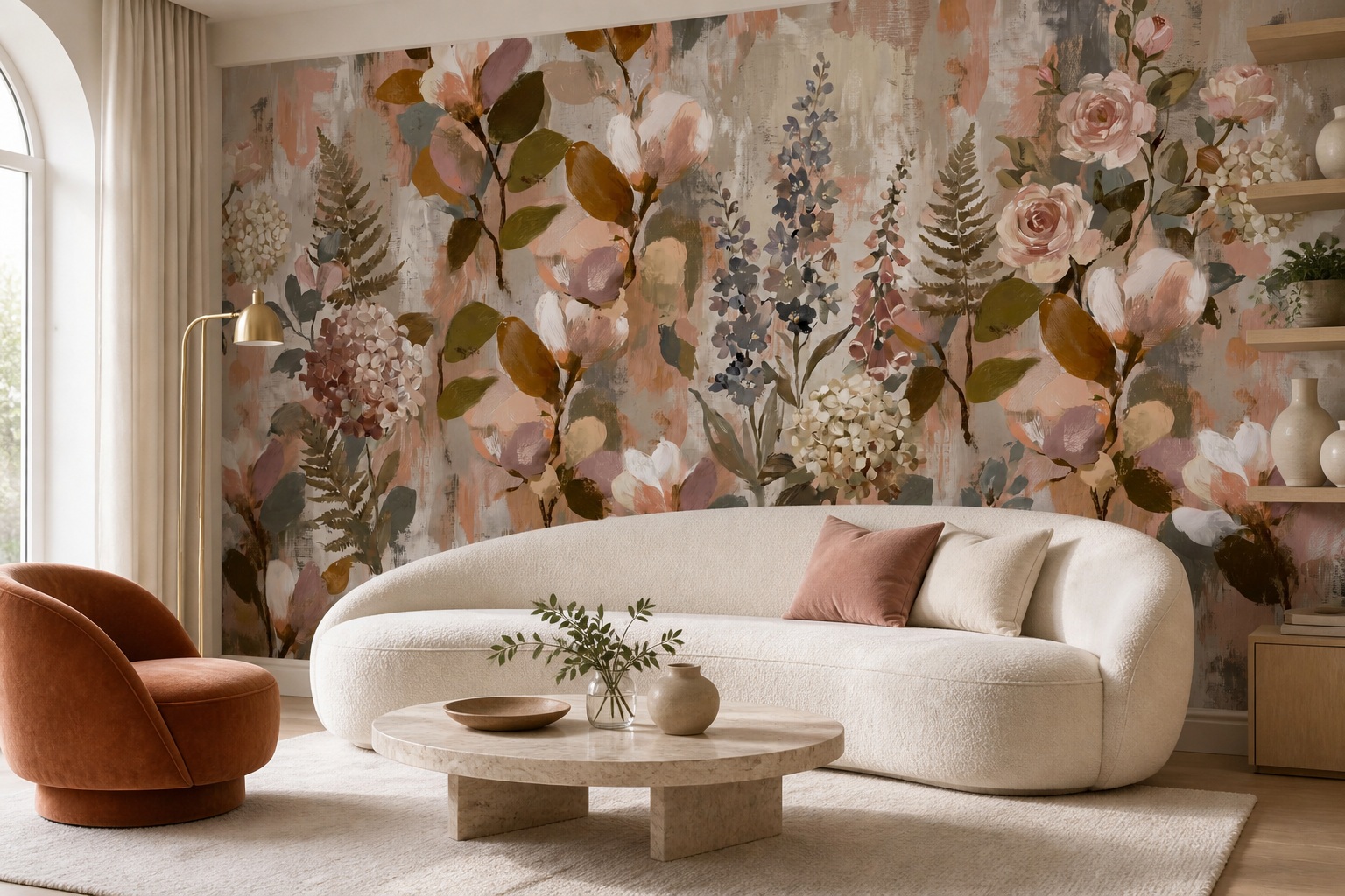 Blush Leaf Patterning Wallpaper Mural Living-room-wallpaper-murals, Shown In A Living Room, Peel-and-stick Finish
