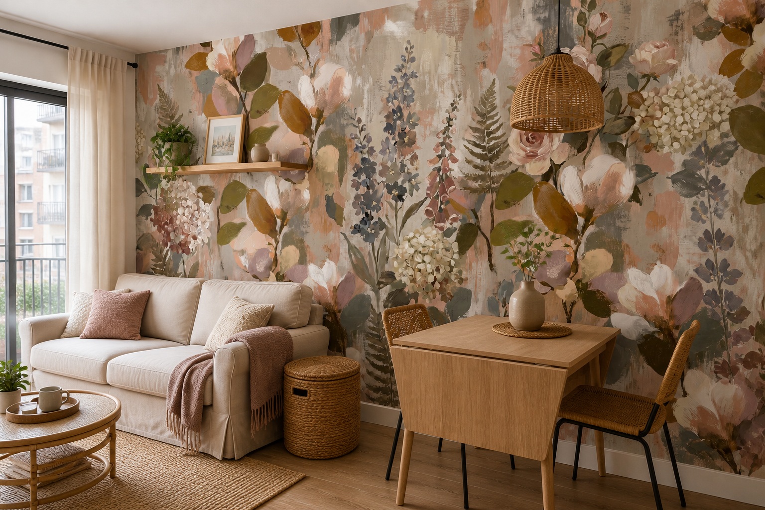 Blush Leaf Patterning Wallpaper Mural Accent-wall-wallpaper-murals, Peel-and-stick Finish