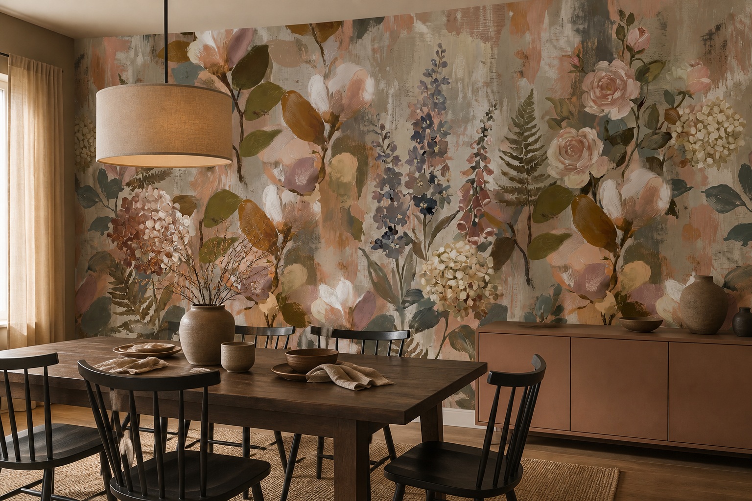 Blush Leaf Patterning Wallpaper Mural Dining-room-wallpaper-murals, Shown In A Dining Room, Peel-and-stick Finish