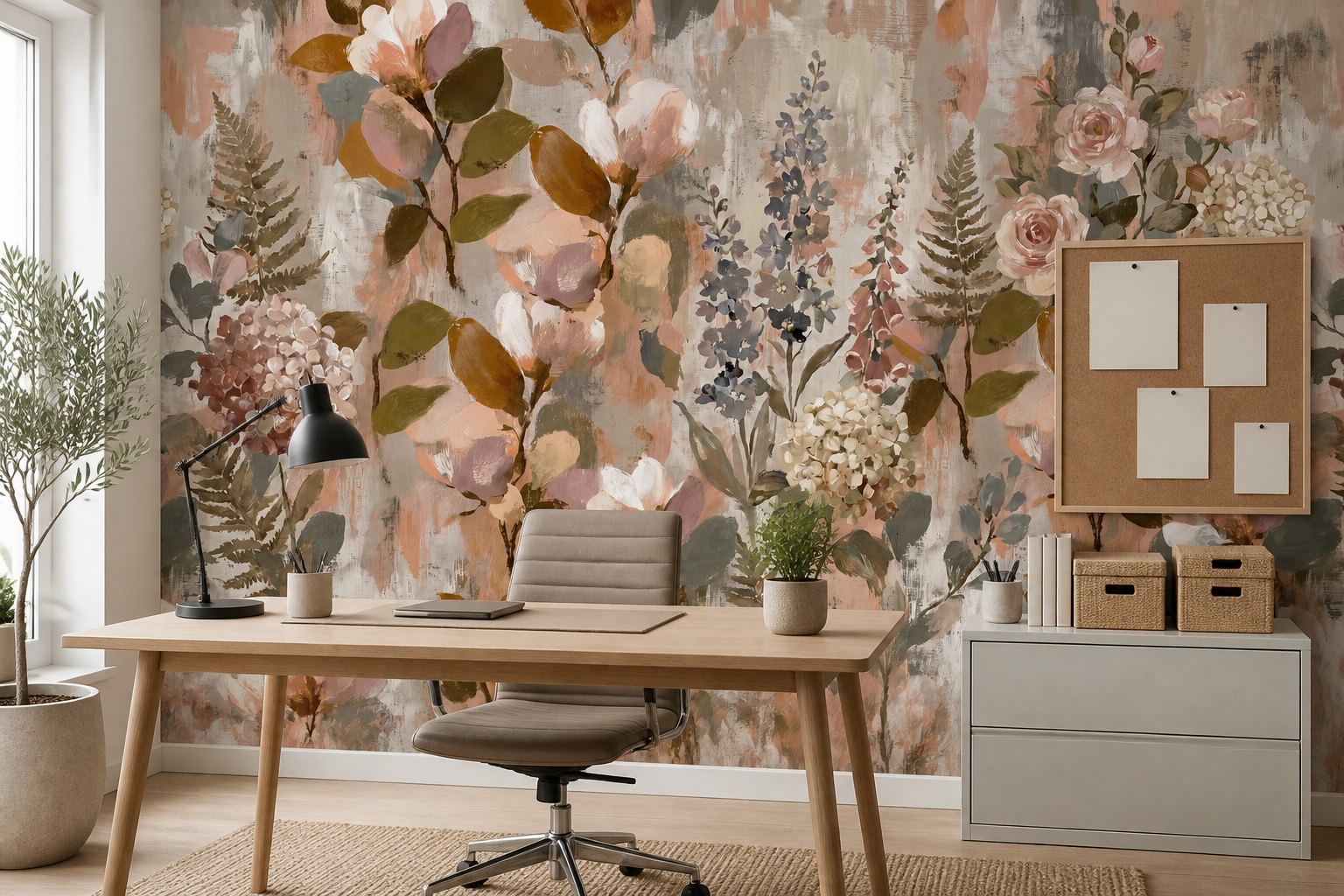 Blush Leaf Patterning Wallpaper Mural Office-wallpaper-murals, Shown In A Home Office, Peel-and-stick Finish