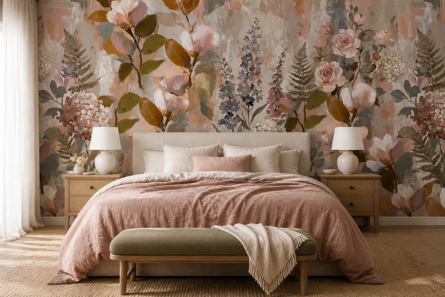 Blush Leaf Patterning Wallpaper Mural Cafe-wallpaper-murals, Peel-and-stick Finish