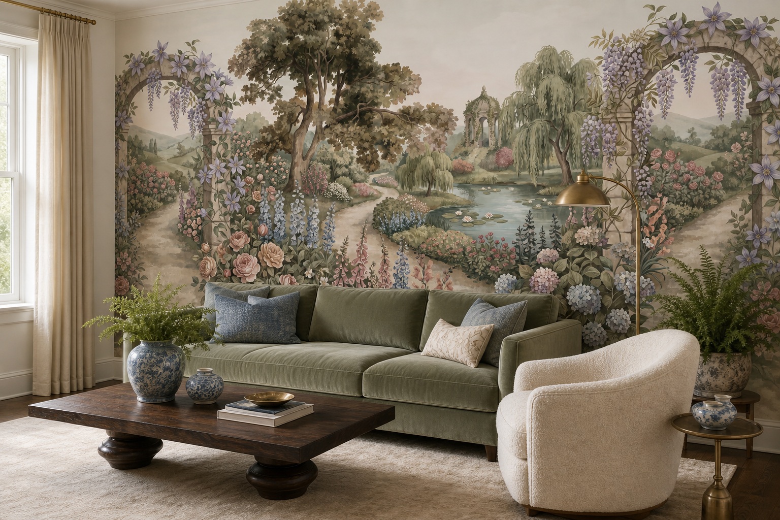 Ivory Leaf Patterning Wallpaper Mural Living-room-wallpaper-murals, Shown In A Living Room, Peel-and-stick Finish