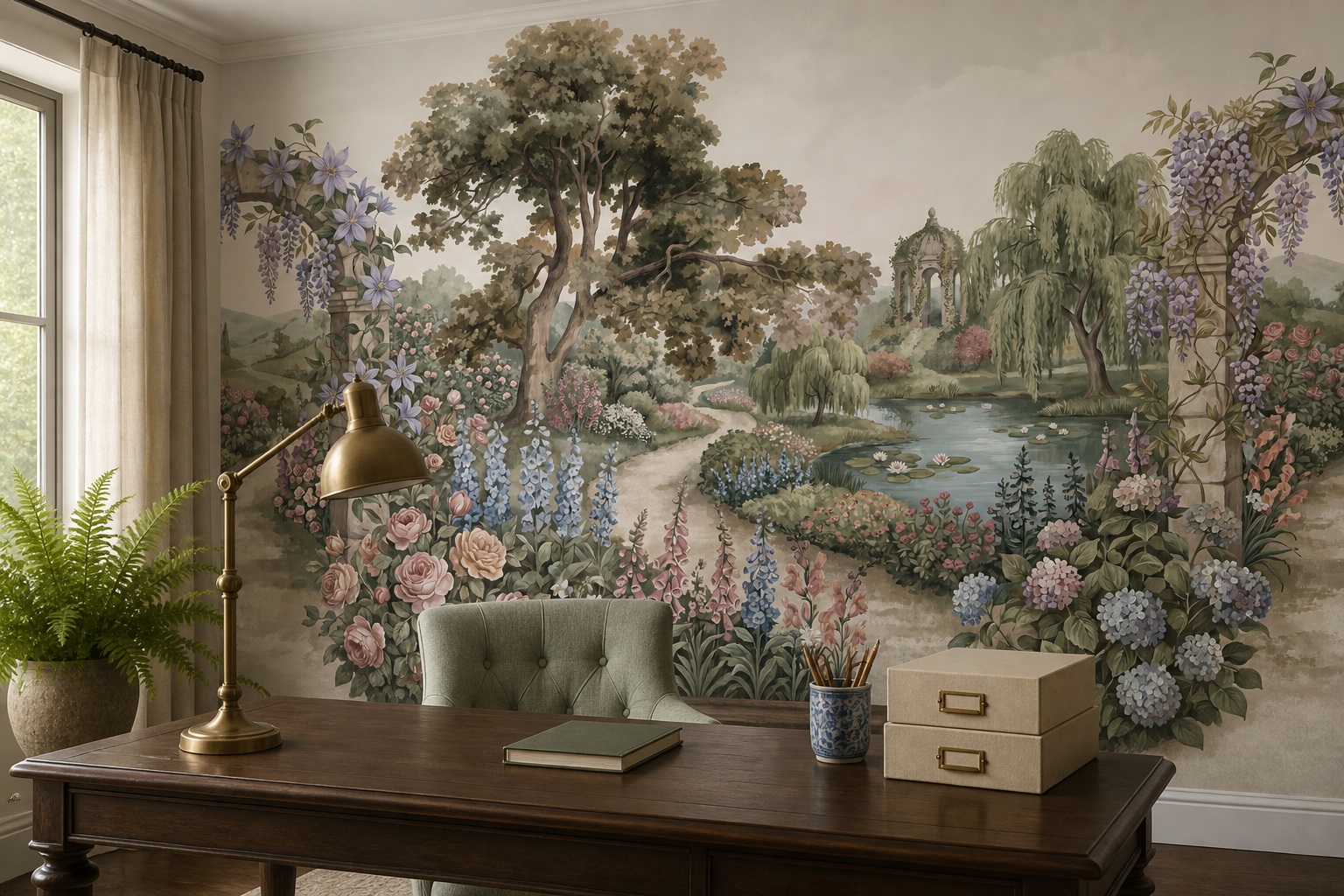 Ivory Leaf Patterning Wallpaper Mural Office-wallpaper-murals, Shown In A Home Office, Peel-and-stick Finish