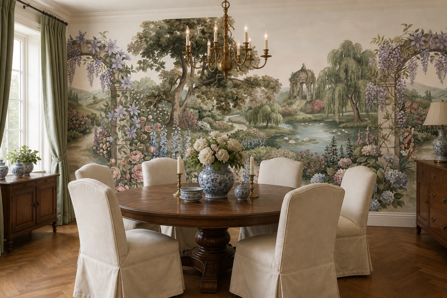 Ivory Leaf Patterning Wallpaper Mural Dining-room-wallpaper-murals, Shown In A Dining Room, Peel-and-stick Finish