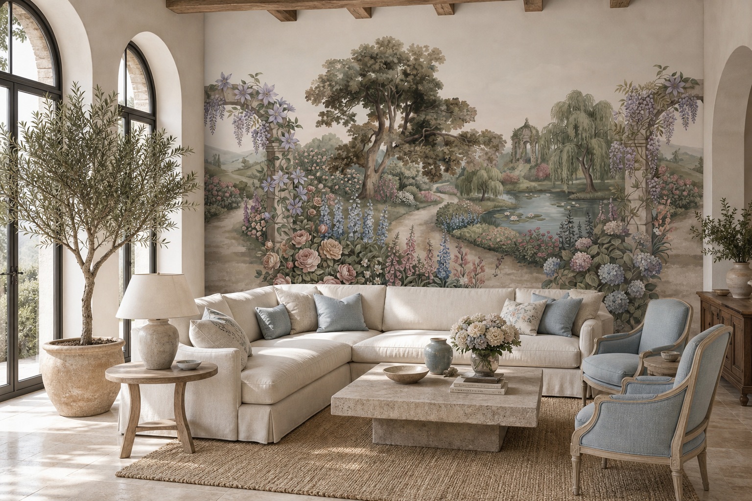 Pastel Formal Garden Pond And Flower Beds Wallpaper Mural — Wallpaper Mural Design, Peel-and-stick Finish