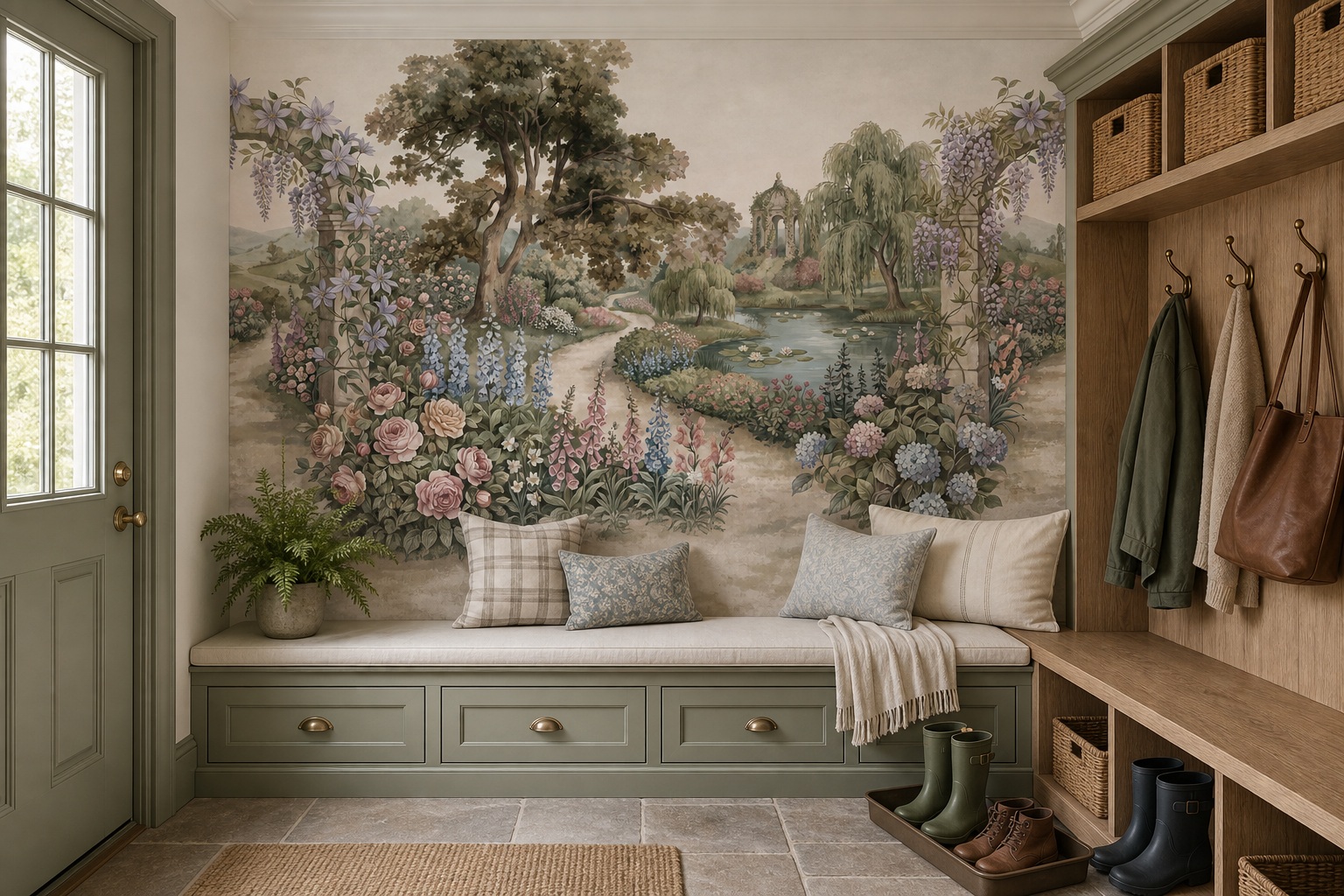 Ivory Leaf Patterning Wallpaper Mural Accent-wall-wallpaper-murals, Peel-and-stick Finish
