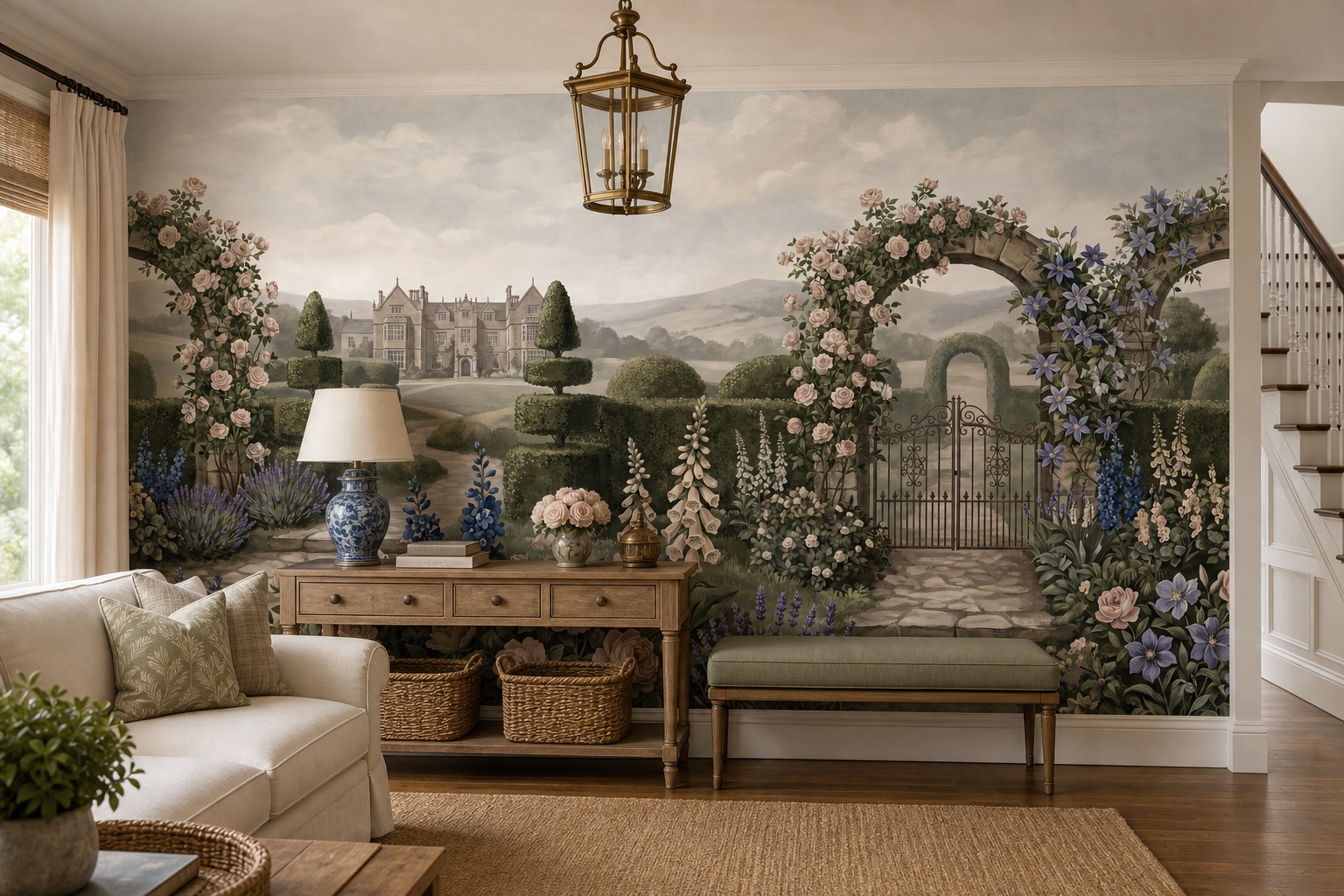 Tan And Neutral Leaf Patterning Wallpaper Mural Accent-wall-wallpaper-murals, Peel-and-stick Finish