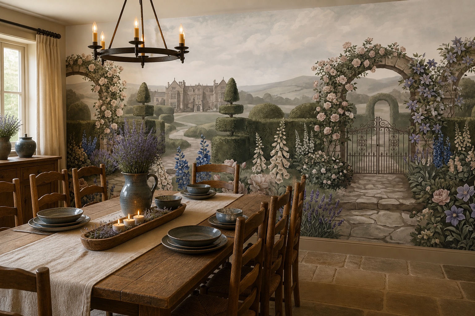 Tan And Neutral Leaf Patterning Wallpaper Mural Dining-room-wallpaper-murals, Shown In A Dining Room, Peel-and-stick Finish