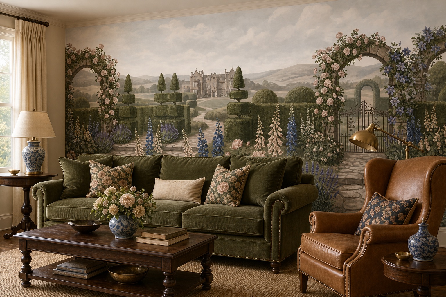 Rose Garden Path And Stone Arch Wallpaper Mural — Wallpaper Mural Design, Peel-and-stick Finish