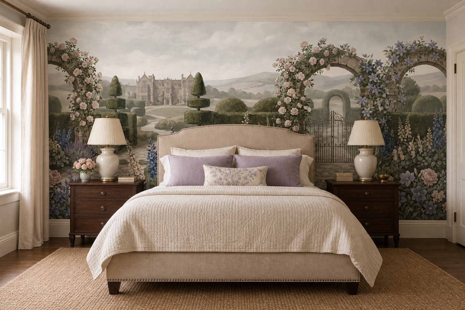 Tan And Neutral Leaf Patterning Wallpaper Mural Bedroom-wallpaper-murals, Peel-and-stick Finish