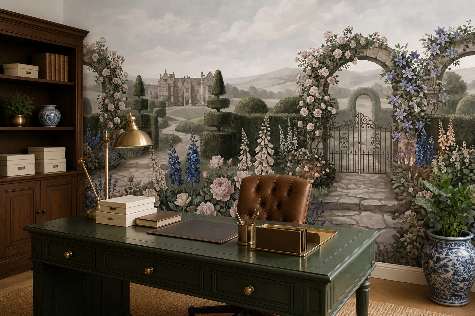 Tan And Neutral Leaf Patterning Wallpaper Mural Office-wallpaper-murals, Shown In A Home Office, Peel-and-stick Finish
