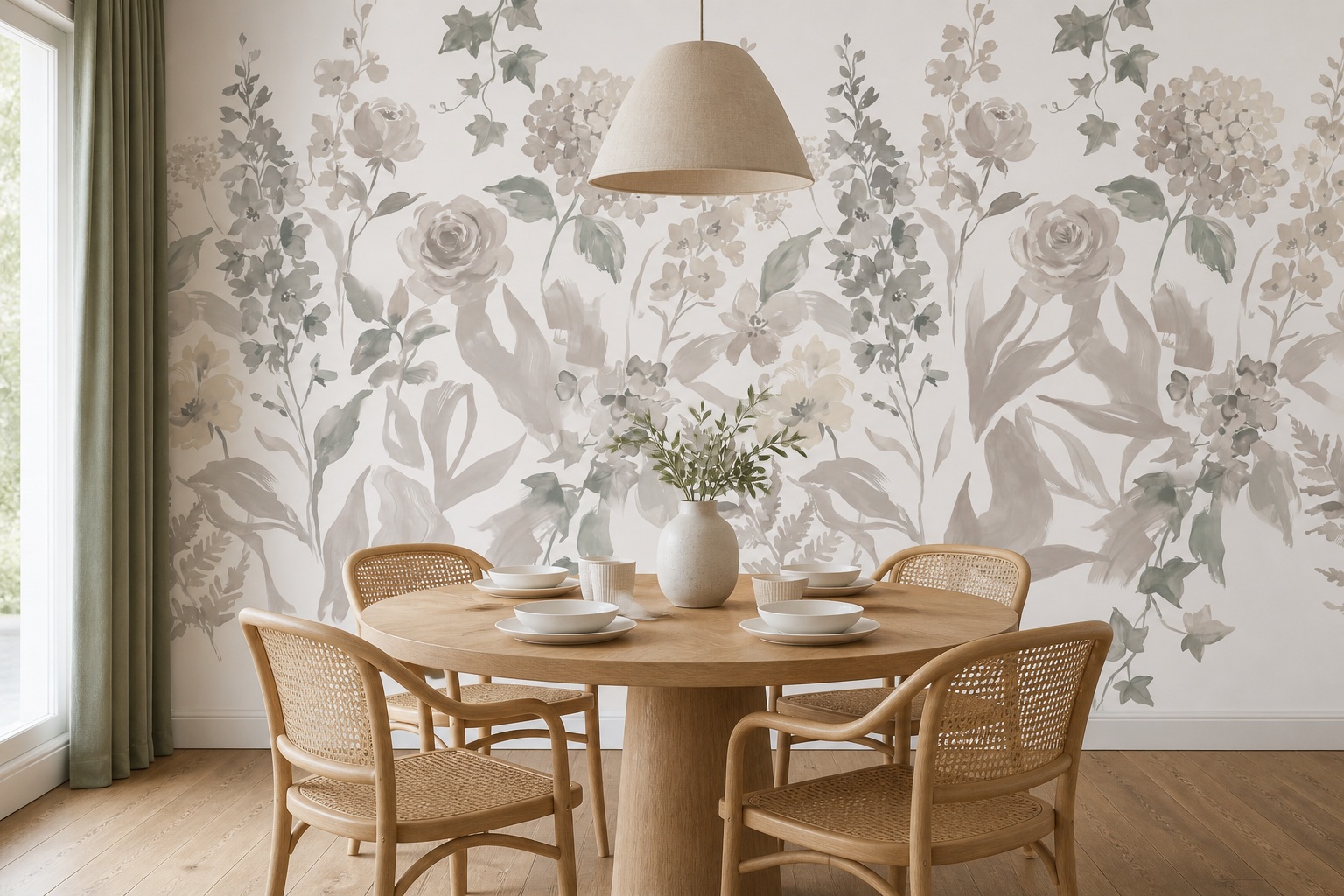 Neutral Abstract Forms Wallpaper Mural Layered Graphic Rhythm Wallpaper Dining-room-wallpaper-murals, Shown In A Dining Room, Peel-and-stick Finish