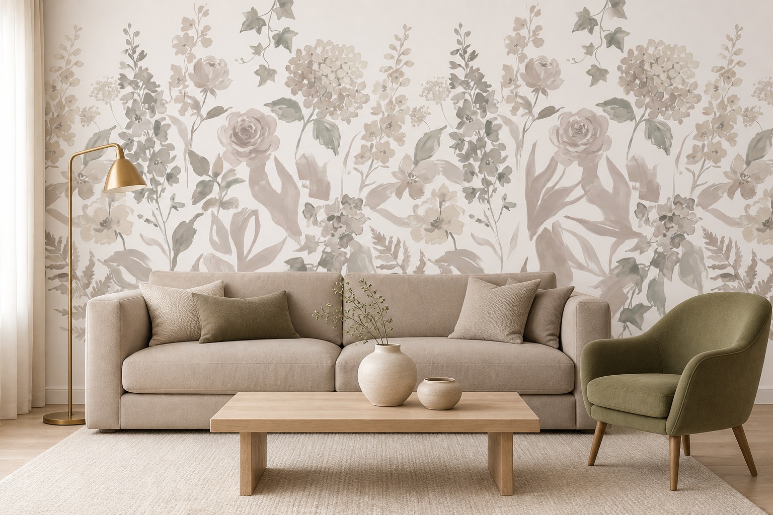 Neutral Abstract Forms Wallpaper Mural Layered Graphic Rhythm Wallpaper Living-room-wallpaper-murals, Shown In A Living Room, Peel-and-stick Finish