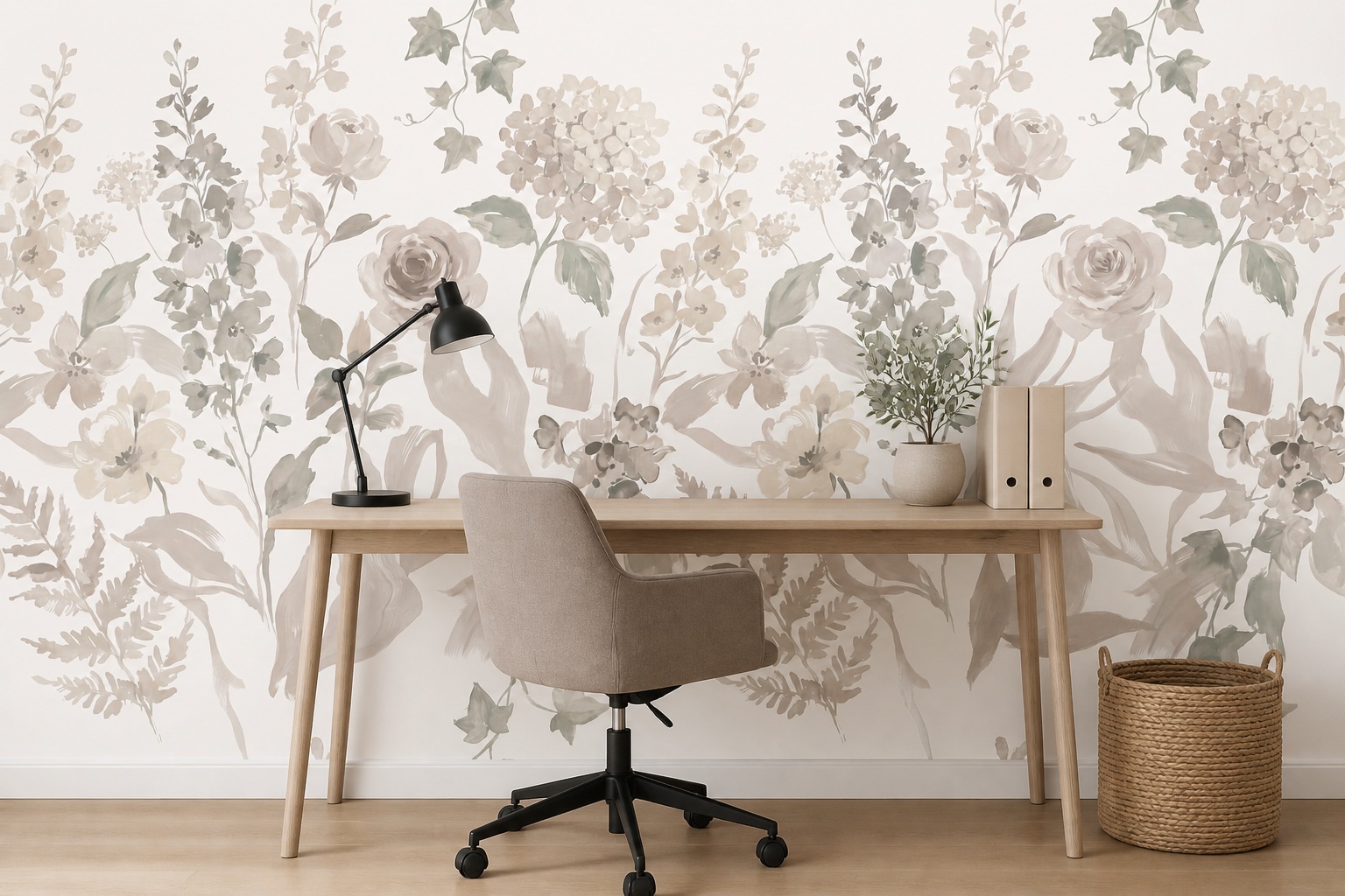 Neutral Abstract Forms Wallpaper Mural Layered Graphic Rhythm Wallpaper Office-wallpaper-murals, Shown In A Home Office, Peel-and-stick Finish