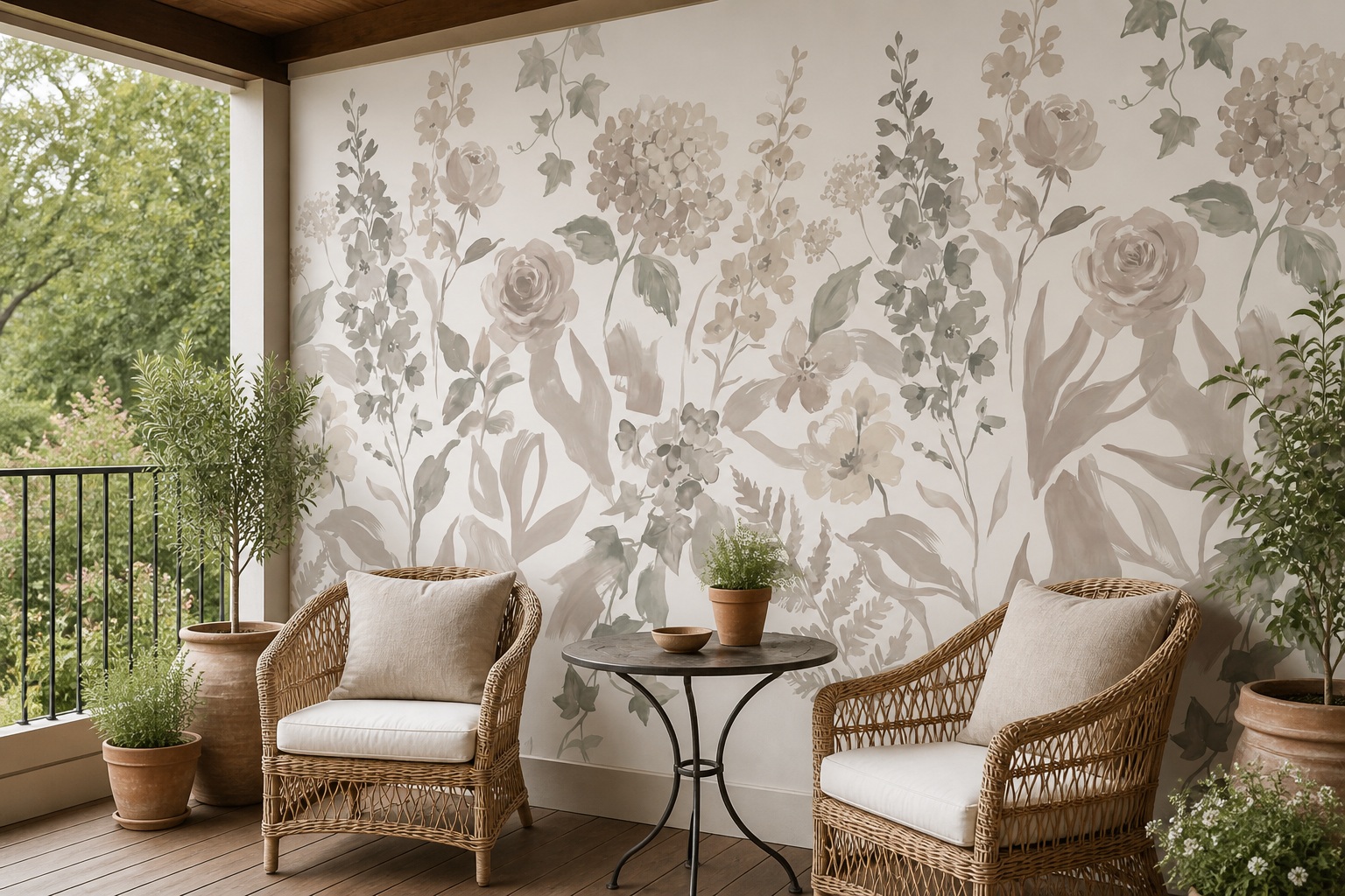 Muted Watercolour Rose And Hydrangea Wallpaper — Wallpaper Mural Design, Peel-and-stick Finish