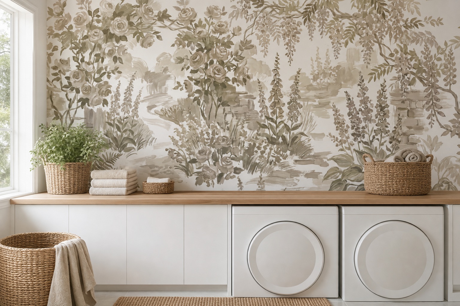 Red And Olive Leaf Patterning Wallpaper Mural Laundry-room-wallpaper-murals, Peel-and-stick Finish