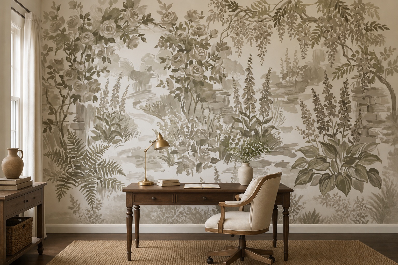 Red And Olive Leaf Patterning Wallpaper Mural Office-wallpaper-murals, Shown In A Home Office, Peel-and-stick Finish