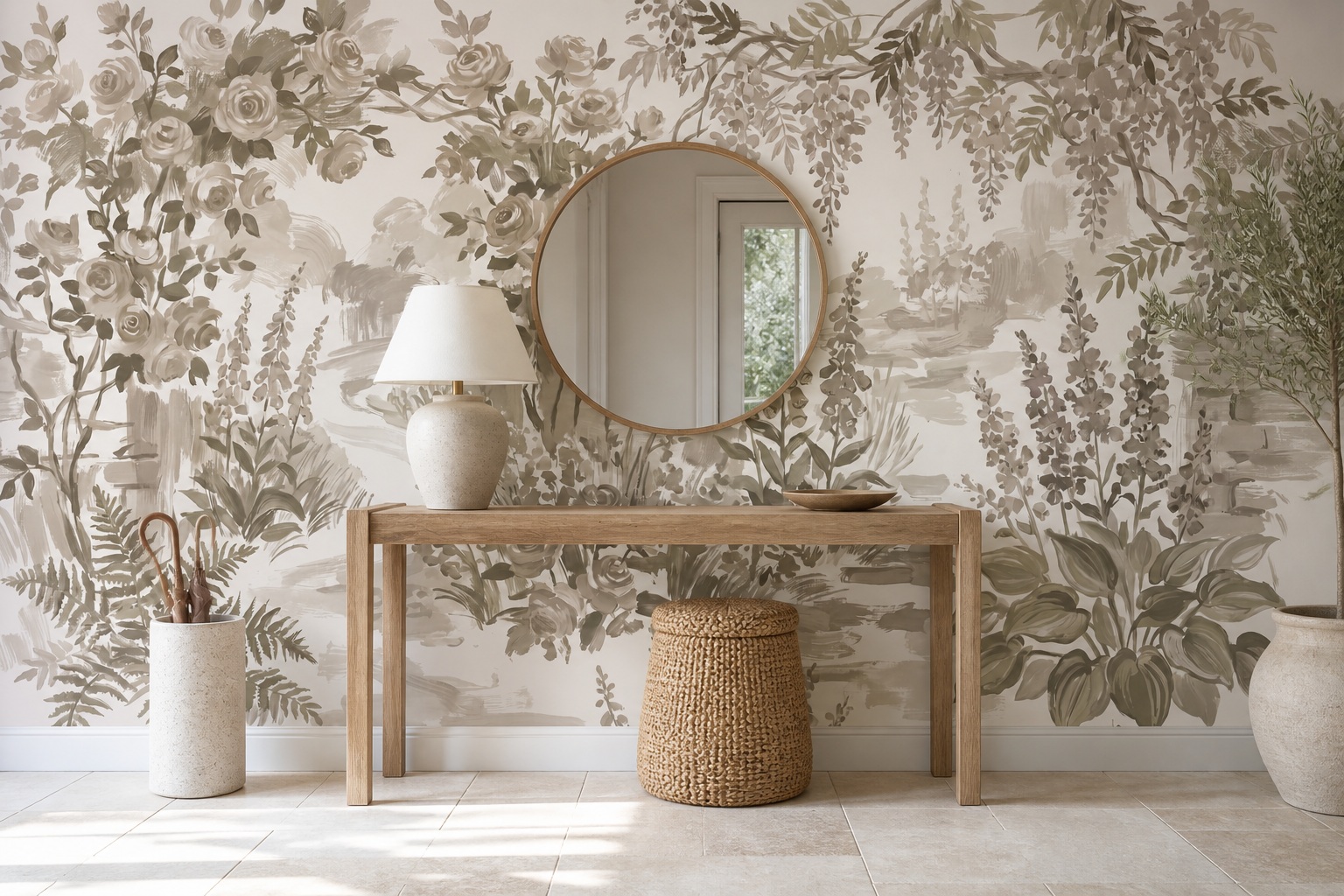 Red And Olive Leaf Patterning Wallpaper Mural Entryway-wallpaper-murals, Peel-and-stick Finish