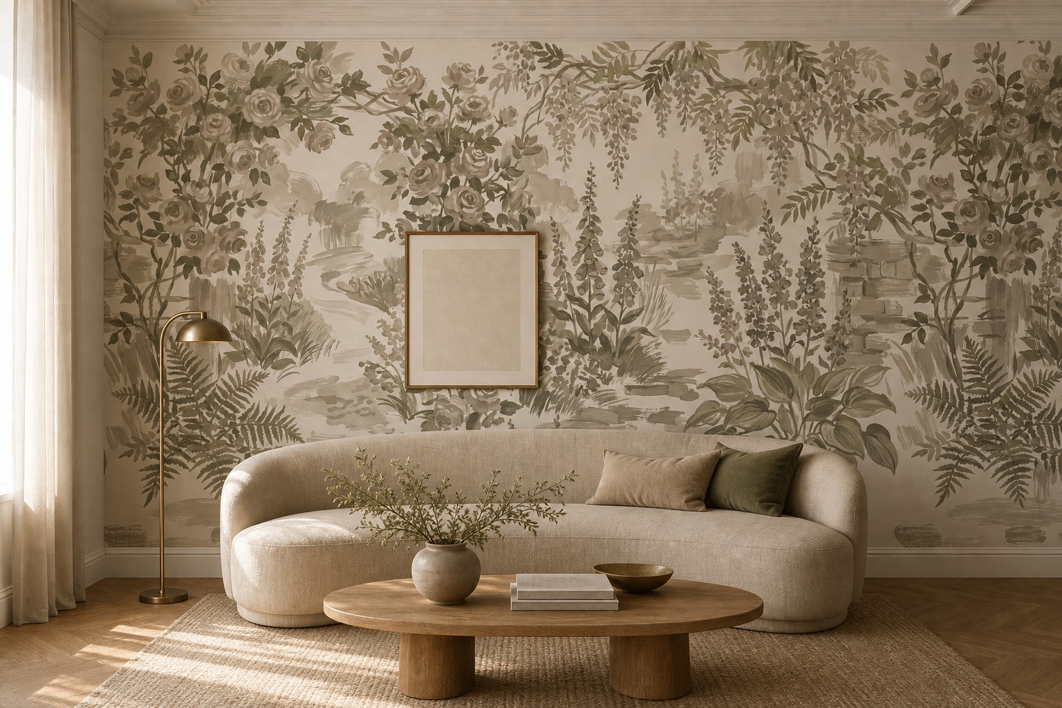 Red And Olive Leaf Patterning Wallpaper Mural Living-room-wallpaper-murals, Shown In A Living Room, Peel-and-stick Finish