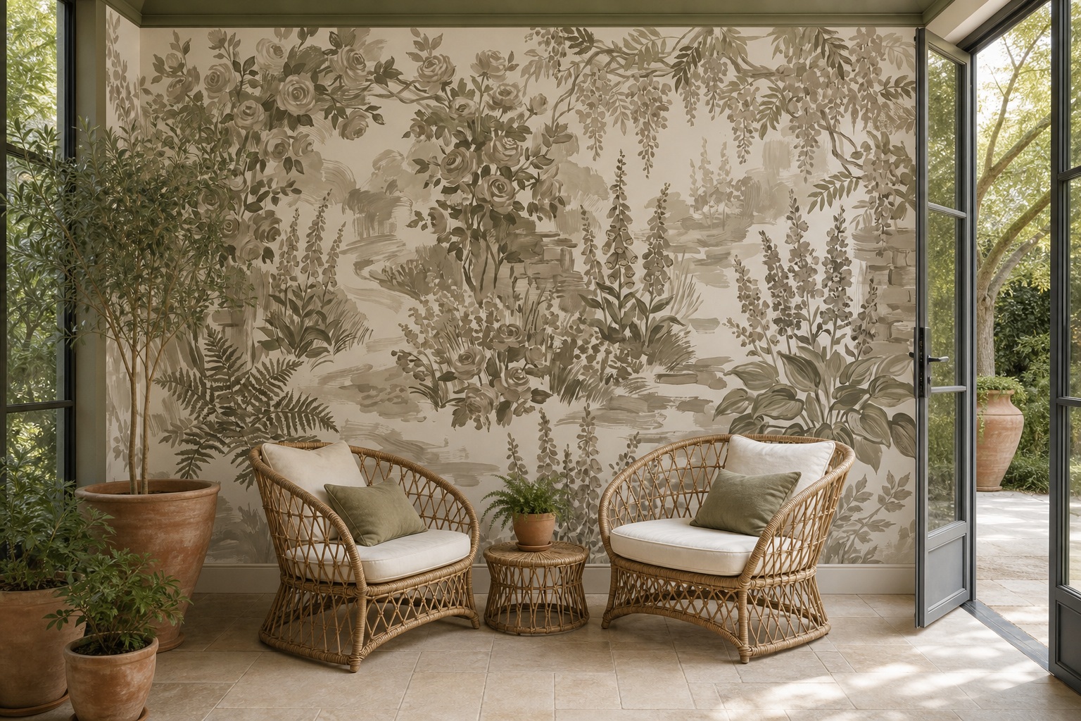 Pale Neutral Fern And Tropical Leaf Wallpaper Mural — Wallpaper Mural Design, Peel-and-stick Finish