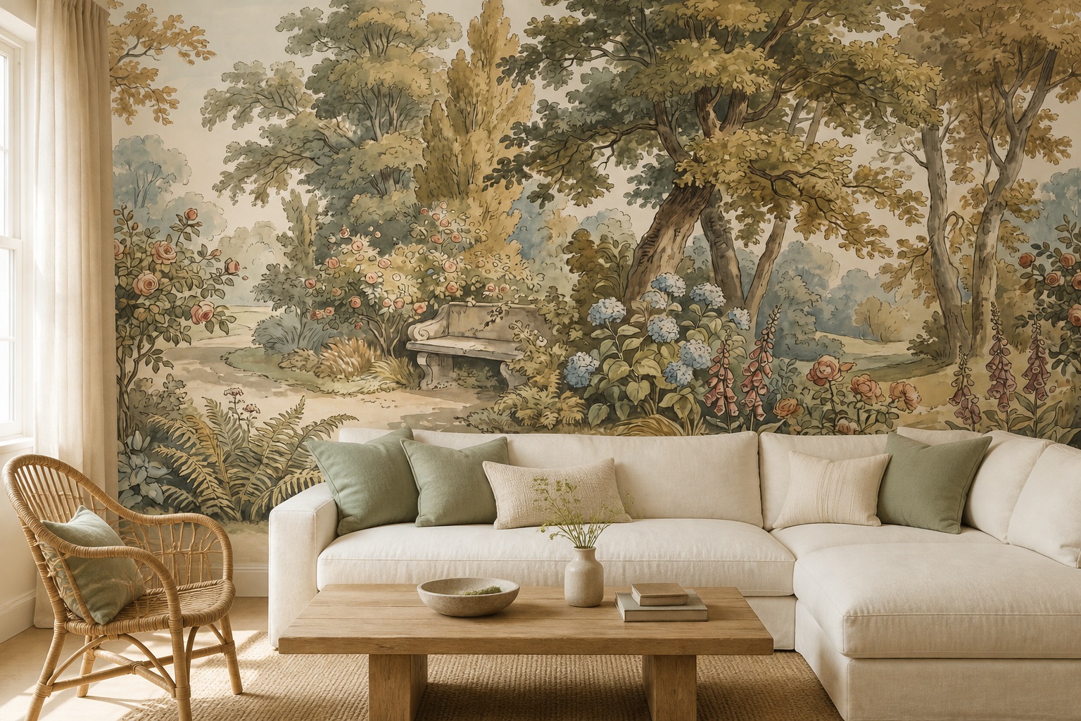 Cream And Red Leaf Patterning Floral Wallpaper Mural Living-room-wallpaper-murals, Shown In A Living Room, Peel-and-stick Finish
