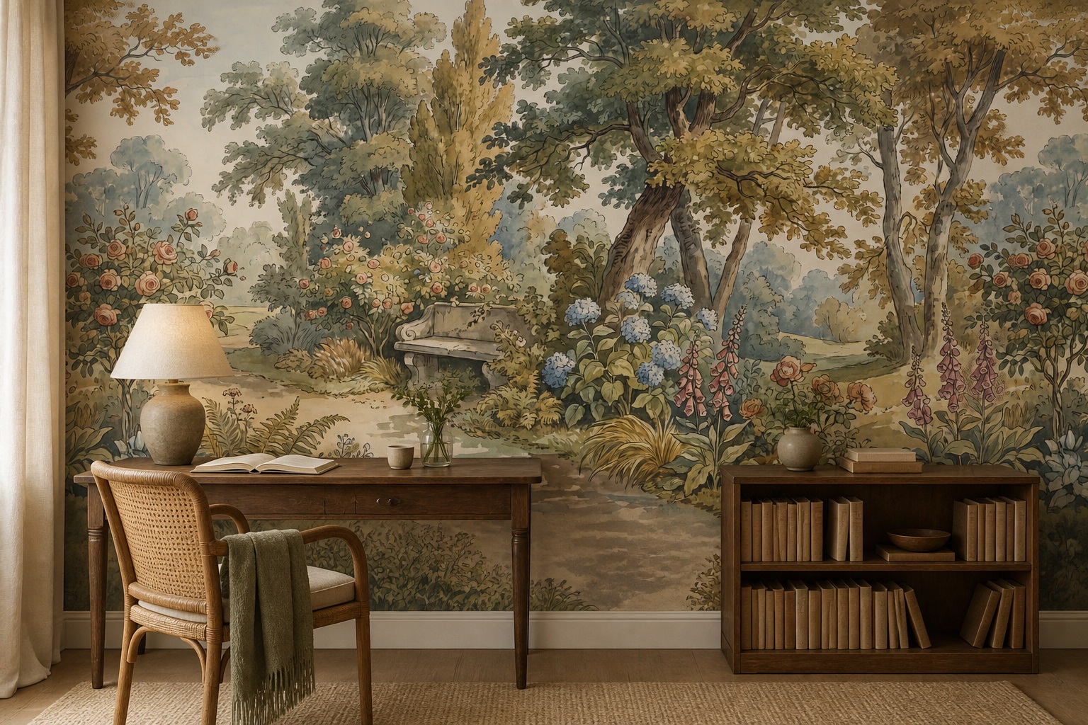 Cream And Red Leaf Patterning Floral Wallpaper Mural Home-office-wallpaper-murals, Shown In A Home Office, Peel-and-stick Finish