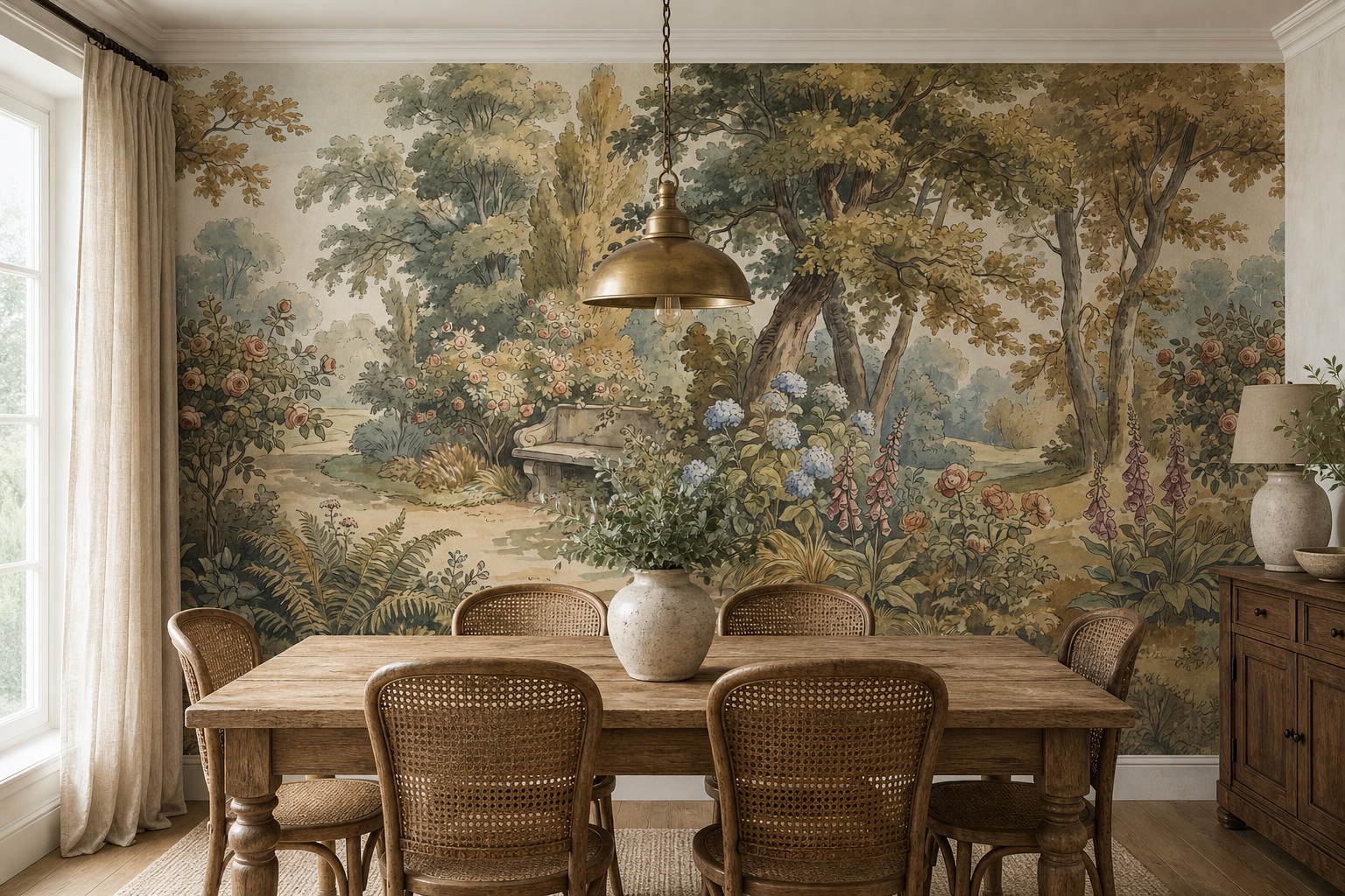 Cream And Red Leaf Patterning Floral Wallpaper Mural Dining-room-wallpaper-murals, Shown In A Dining Room, Peel-and-stick Finish