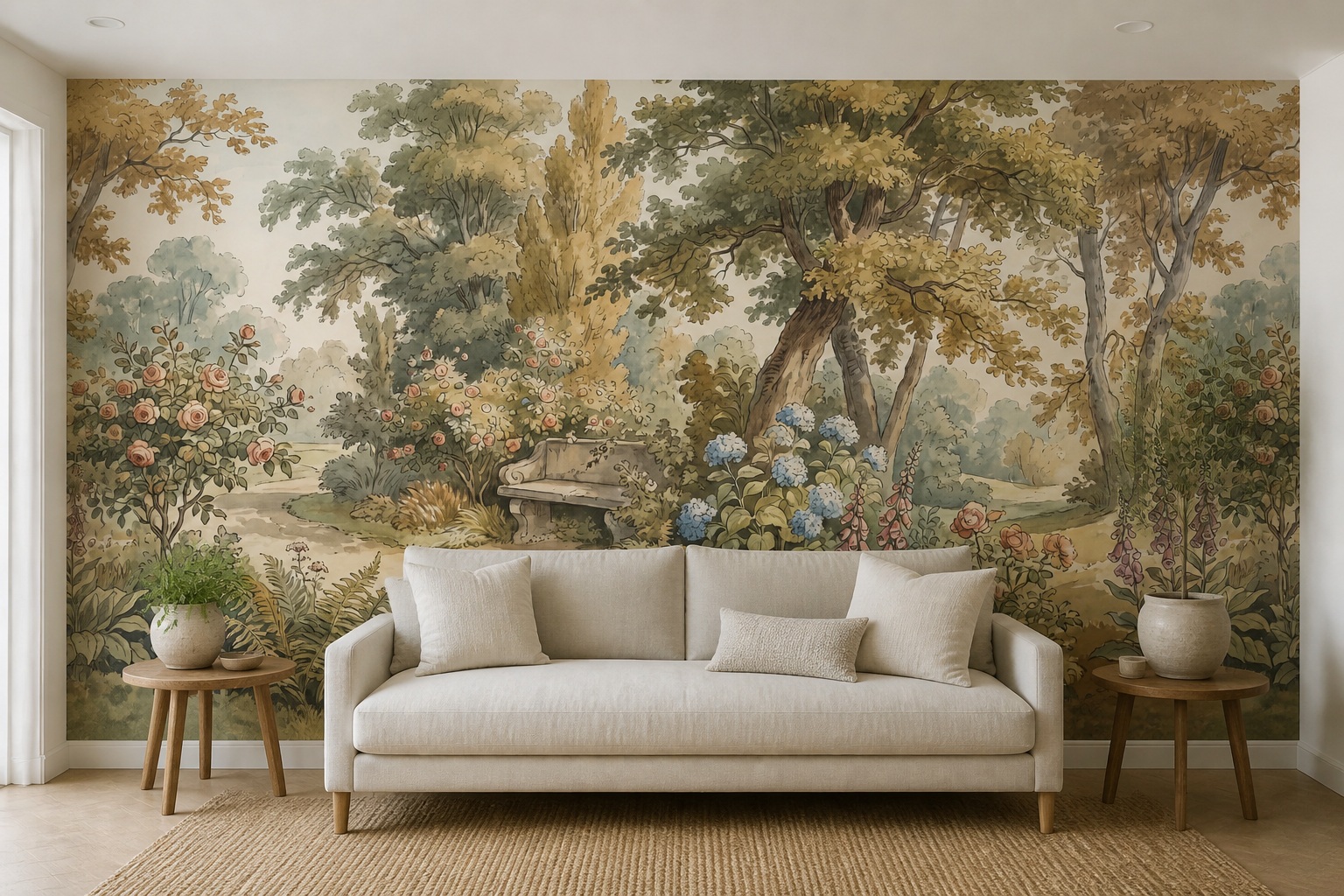 Cream And Red Leaf Patterning Floral Wallpaper Mural Accent-wall-wallpaper-murals, Peel-and-stick Finish