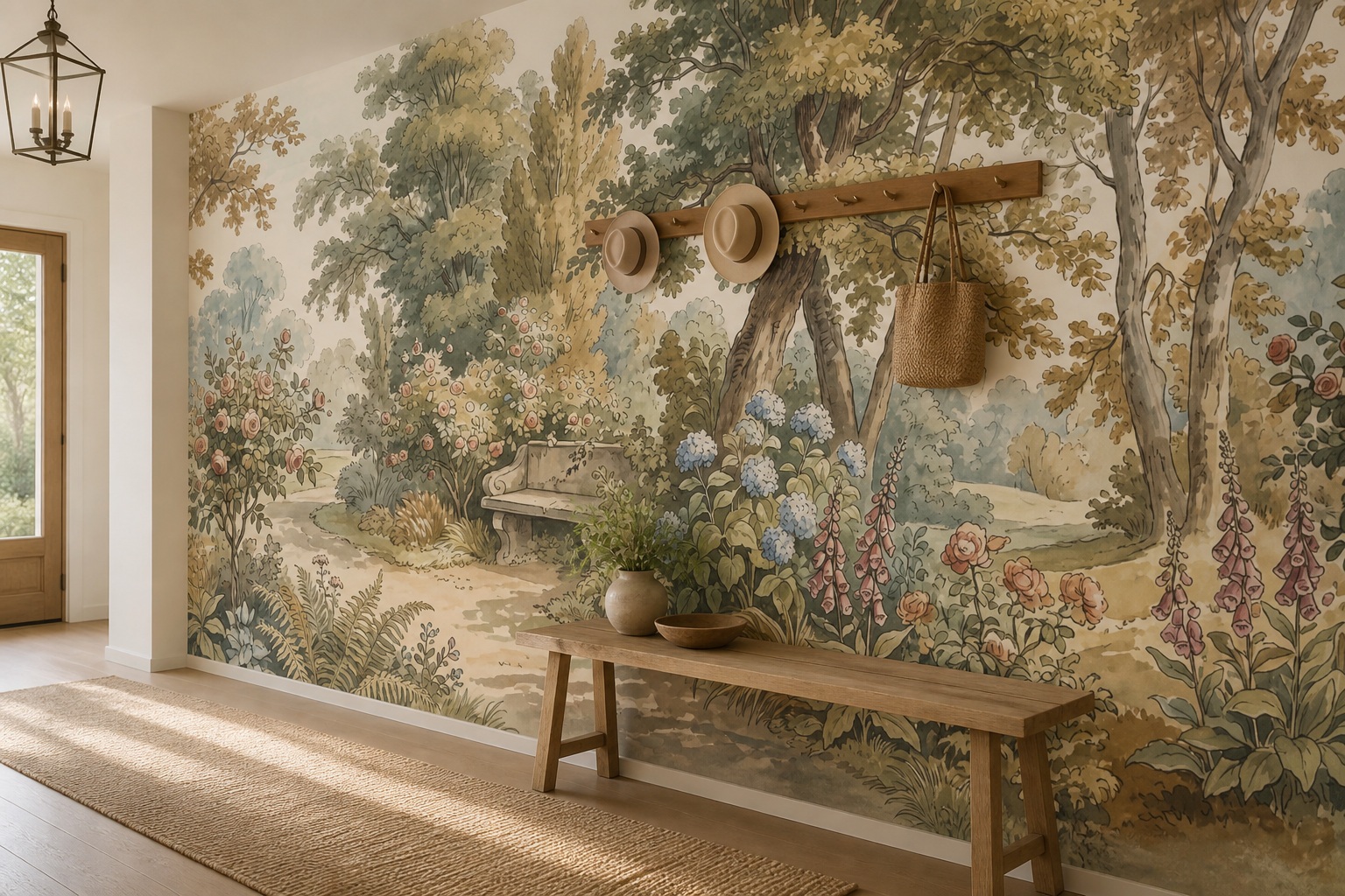 Entrance area with a detailed woodland garden mural behind a bench and coat hooks