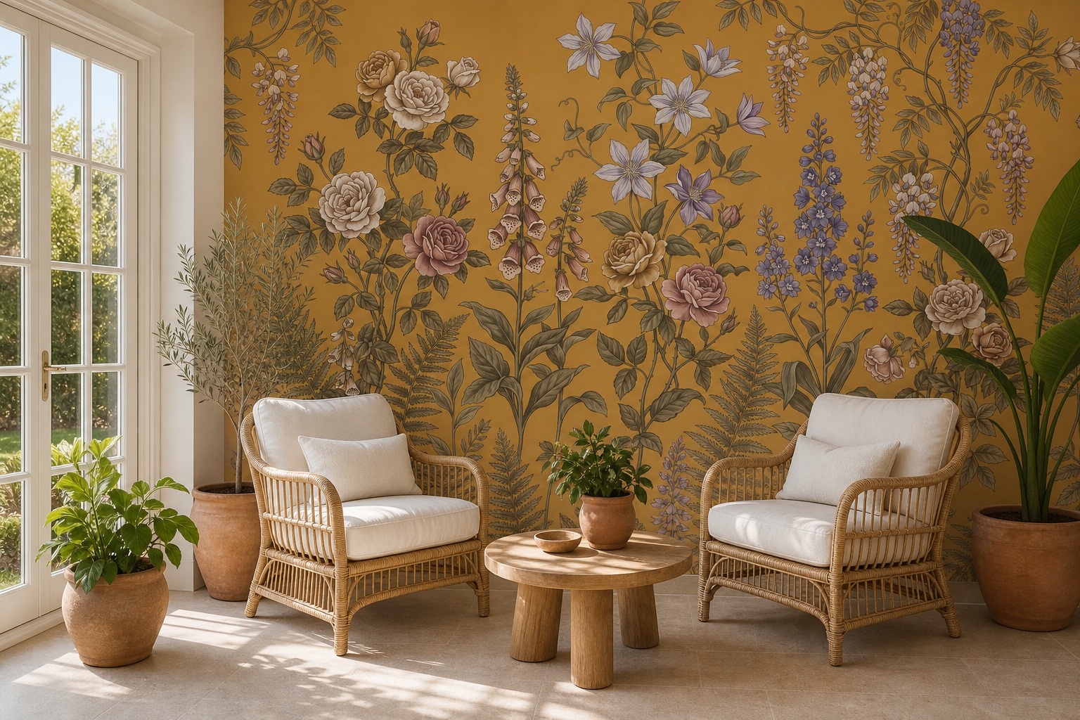 Golden Ground Garden Flowers Wallpaper Mural — Wallpaper Mural Design, Peel-and-stick Finish