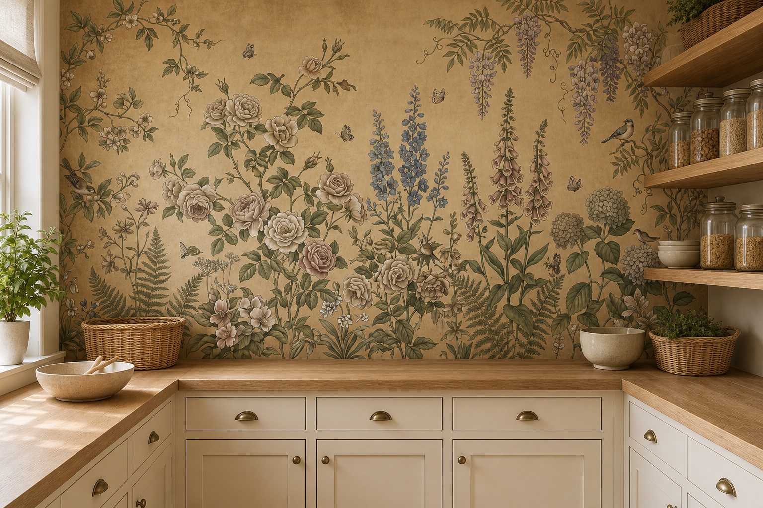 Neutral Floral Forms Wallpaper Mural Accent-wall-wallpaper-murals, Peel-and-stick Finish