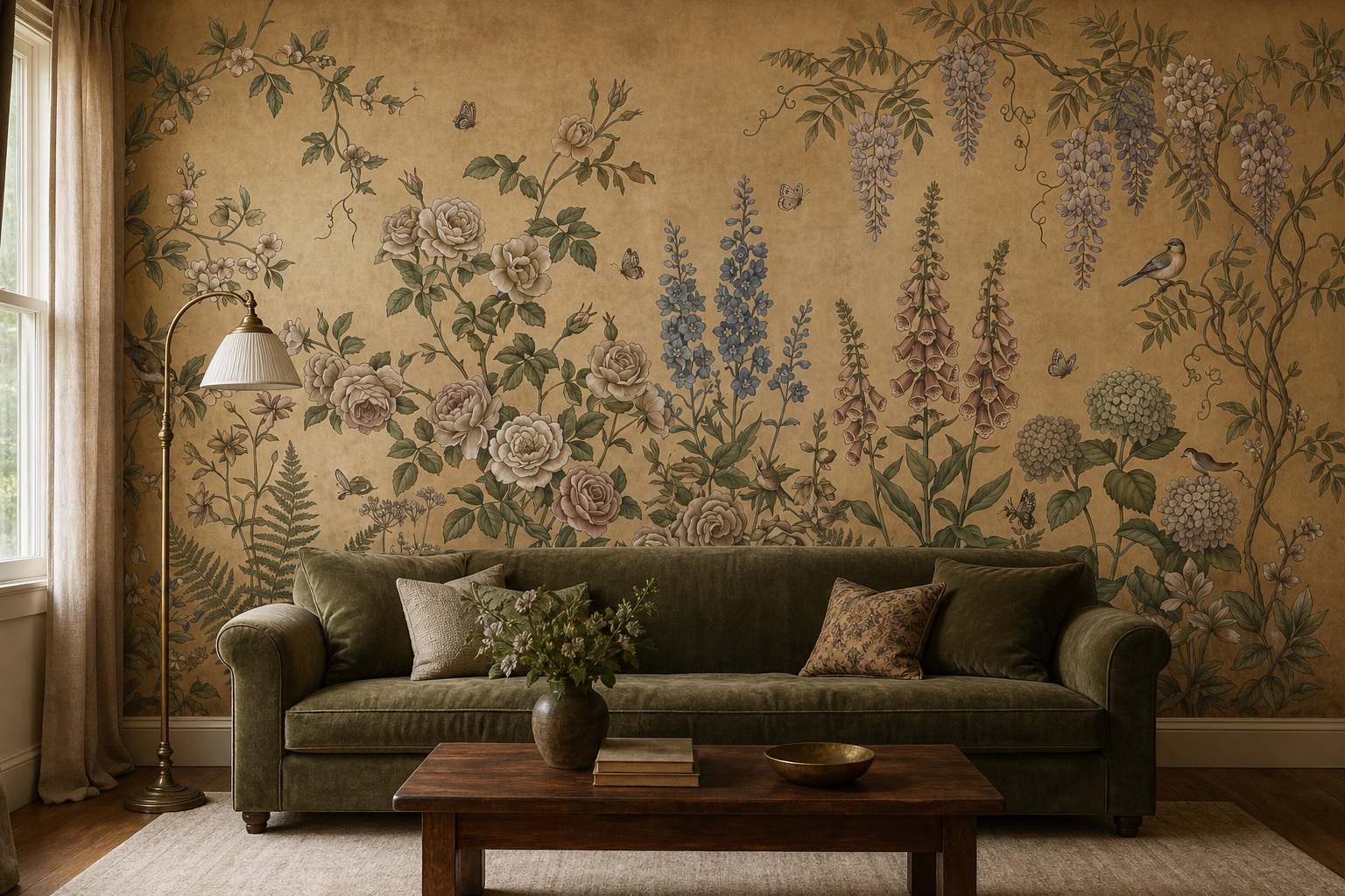 Neutral Floral Forms Wallpaper Mural Living-room-wallpaper-murals, Peel-and-stick Finish