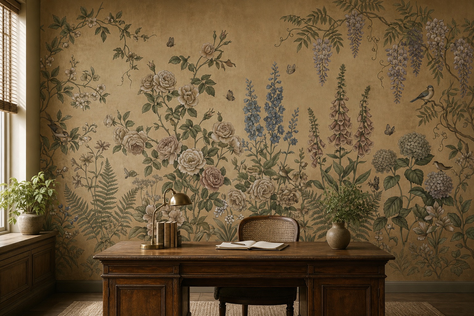 Neutral Floral Forms Wallpaper Mural Office-wallpaper-murals, Shown In A Home Office, Peel-and-stick Finish