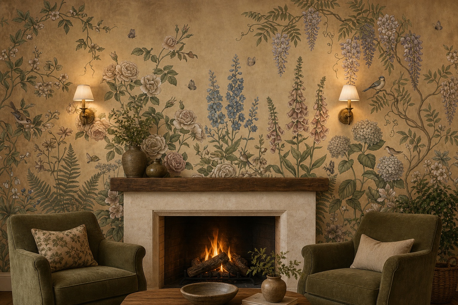 Neutral Floral Forms Wallpaper Mural Accent-wall-wallpaper-murals, Peel-and-stick Finish