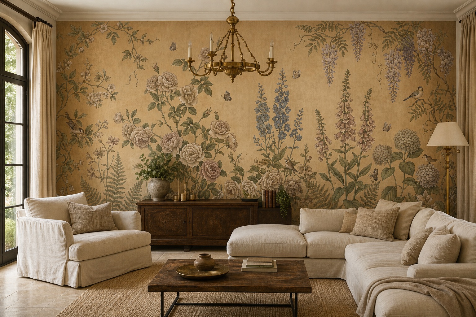 Neutral Floral Forms Wallpaper Mural Accent-wall-wallpaper-murals, Peel-and-stick Finish
