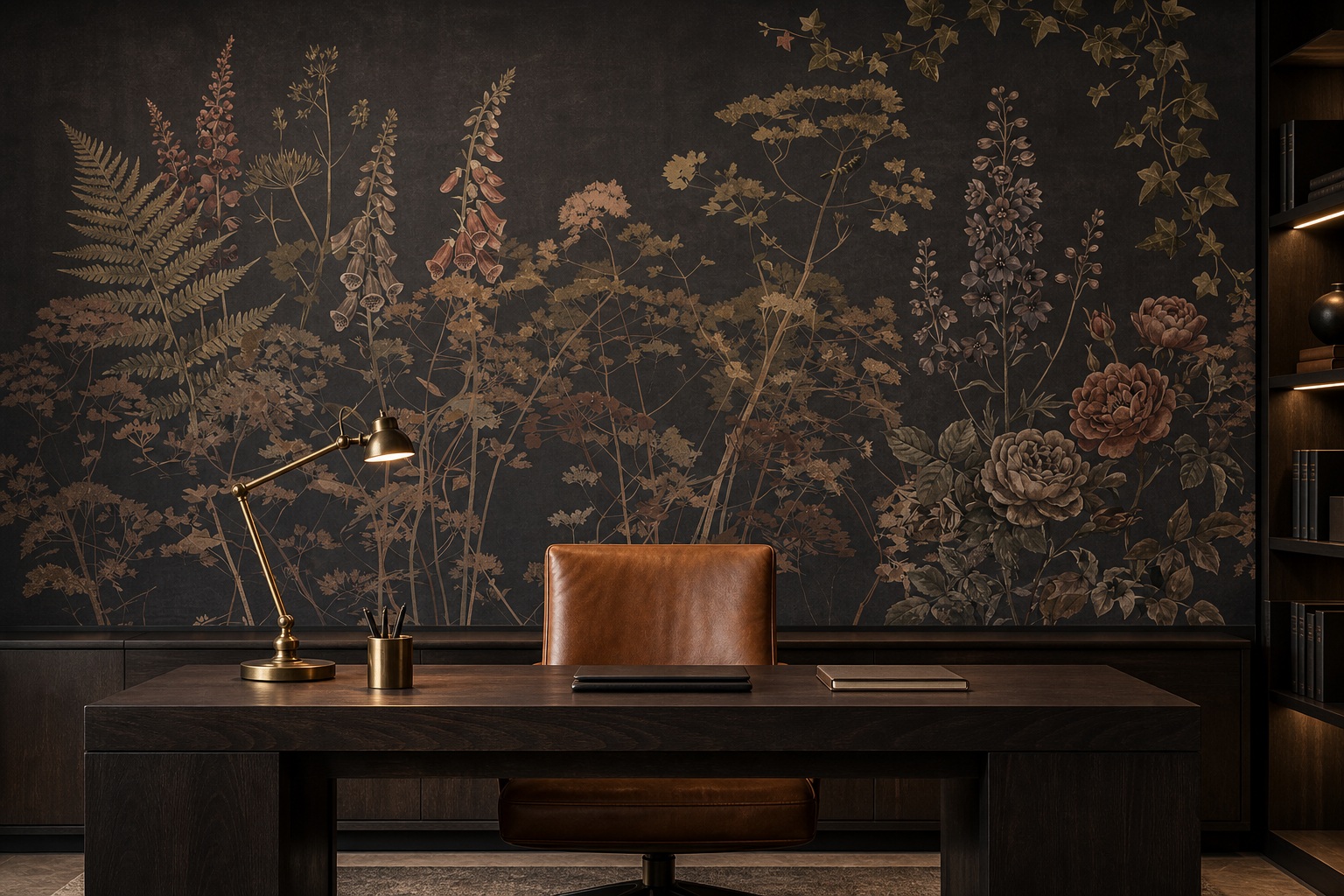 Dark Background Meadow Grasses And Wildflowers Wallpaper Mural — Installed Wallpaper Mural In A Home Office, Peel-and-stick Finish