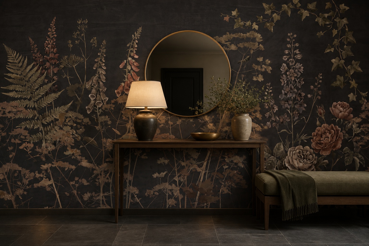 Gold Layered Jungle Foliage Wallpaper Mural Accent-wall-wallpaper-murals, Peel-and-stick Finish