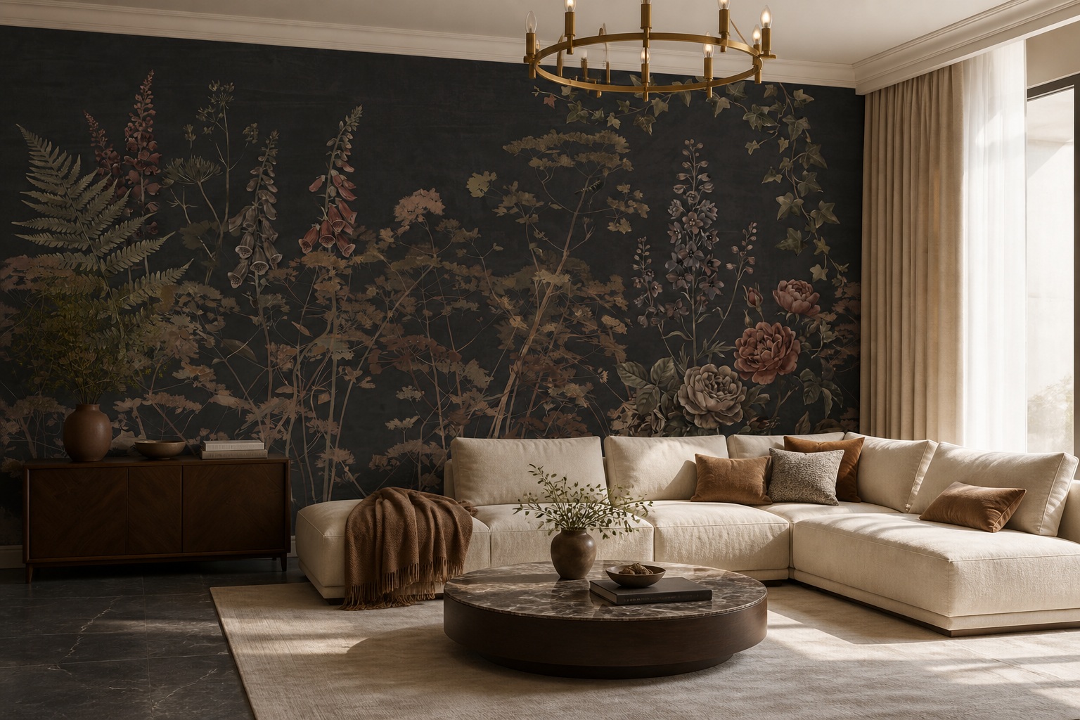 Gold Layered Jungle Foliage Wallpaper Mural Accent-wall-wallpaper-murals, Peel-and-stick Finish