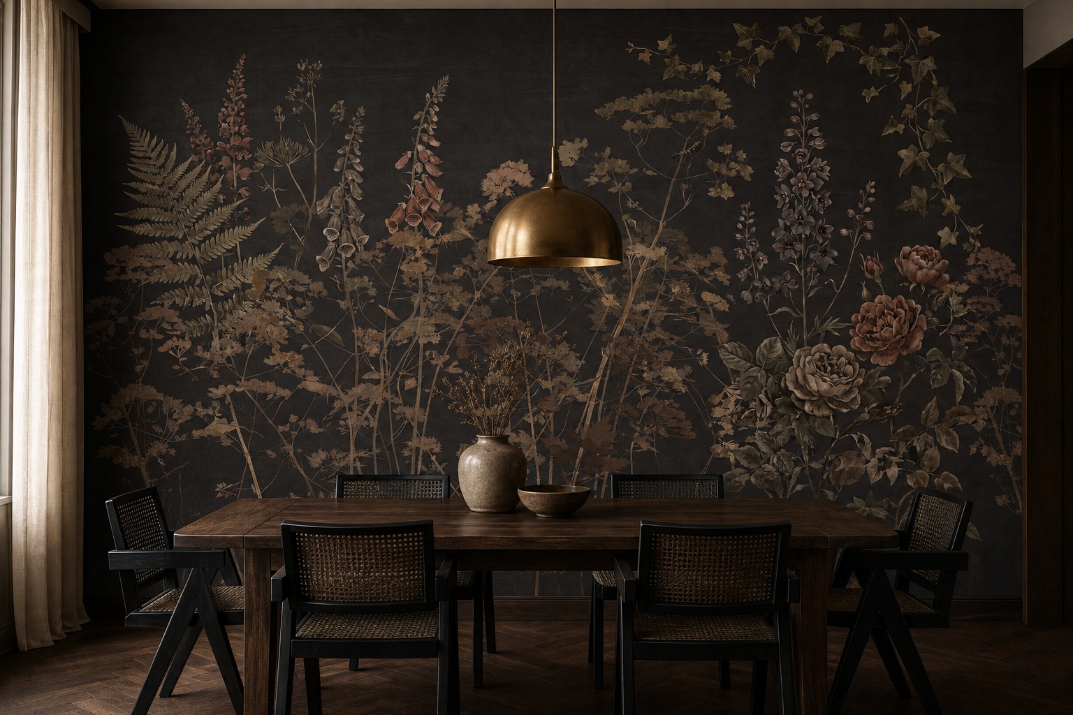Gold Layered Jungle Foliage Wallpaper Mural Dining-room-wallpaper-murals, Shown In A Dining Room, Peel-and-stick Finish